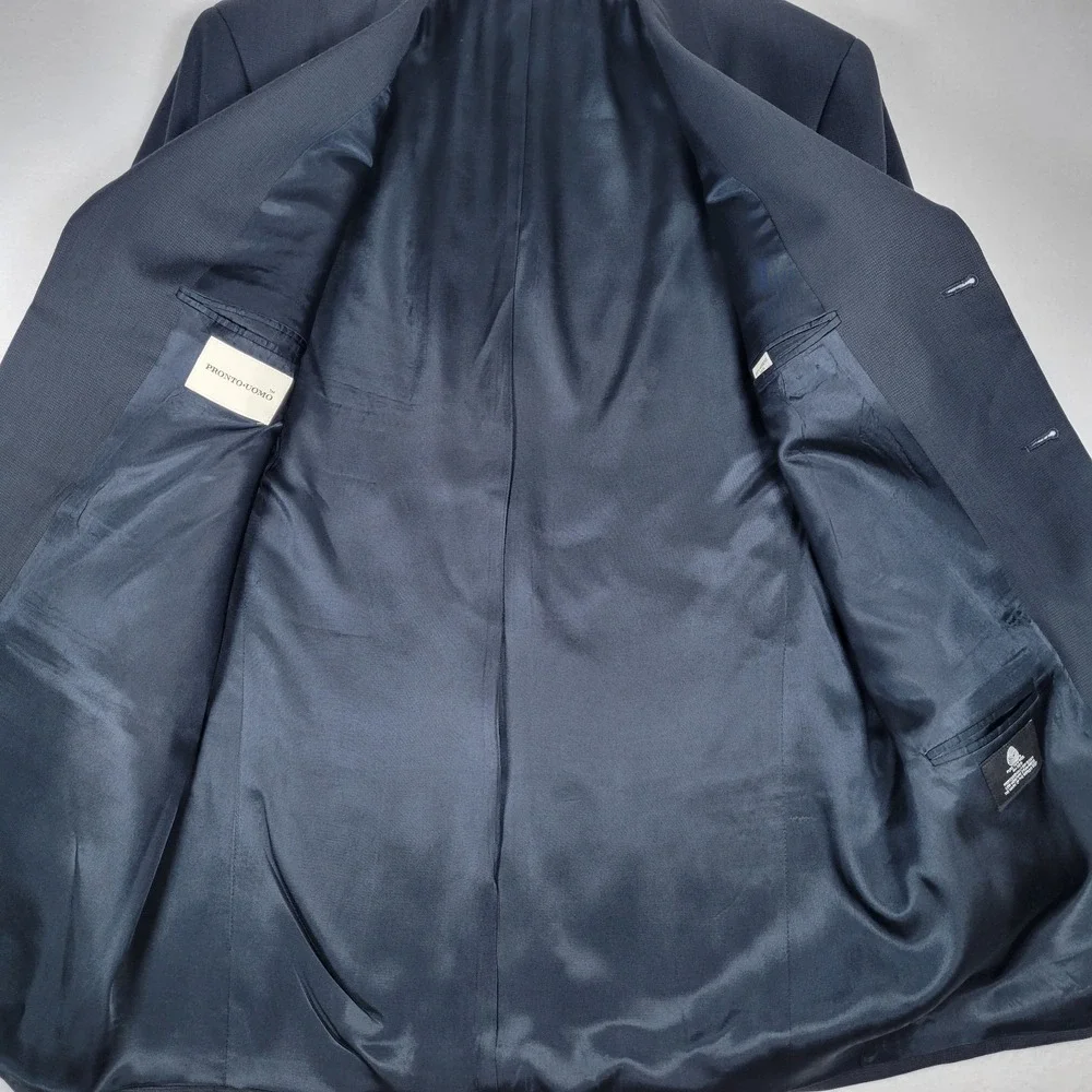 Pronto Uomo 100% Worsted Wool Blazer 40 Tall Blue Black 2 Button Made‎ in Canada